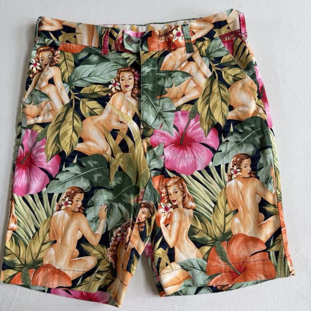Loudmouth Golf Hawaiian Pinup Girl Floral Shorts Mens Size 34 x10 Aloha
